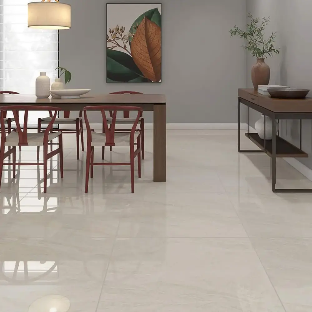 Sala de jantar com porcelanato bege claro polido