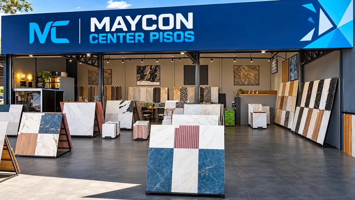 Fachada do showroom Maycon Center Pisos com expositores de porcelanato